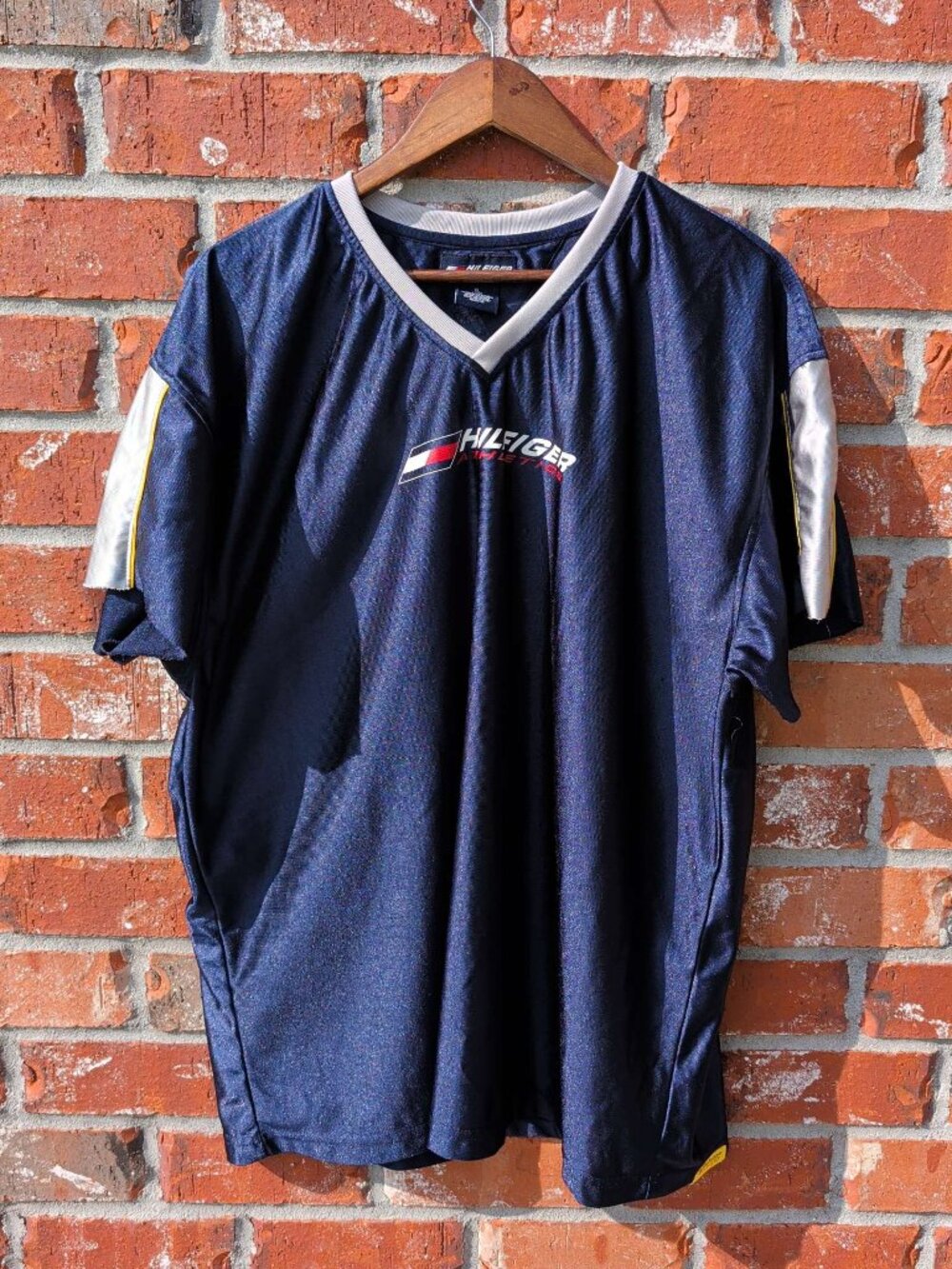 Tommy Hilfiger Athletics T-Shirt Mens XL Navy White Yellow Color Block